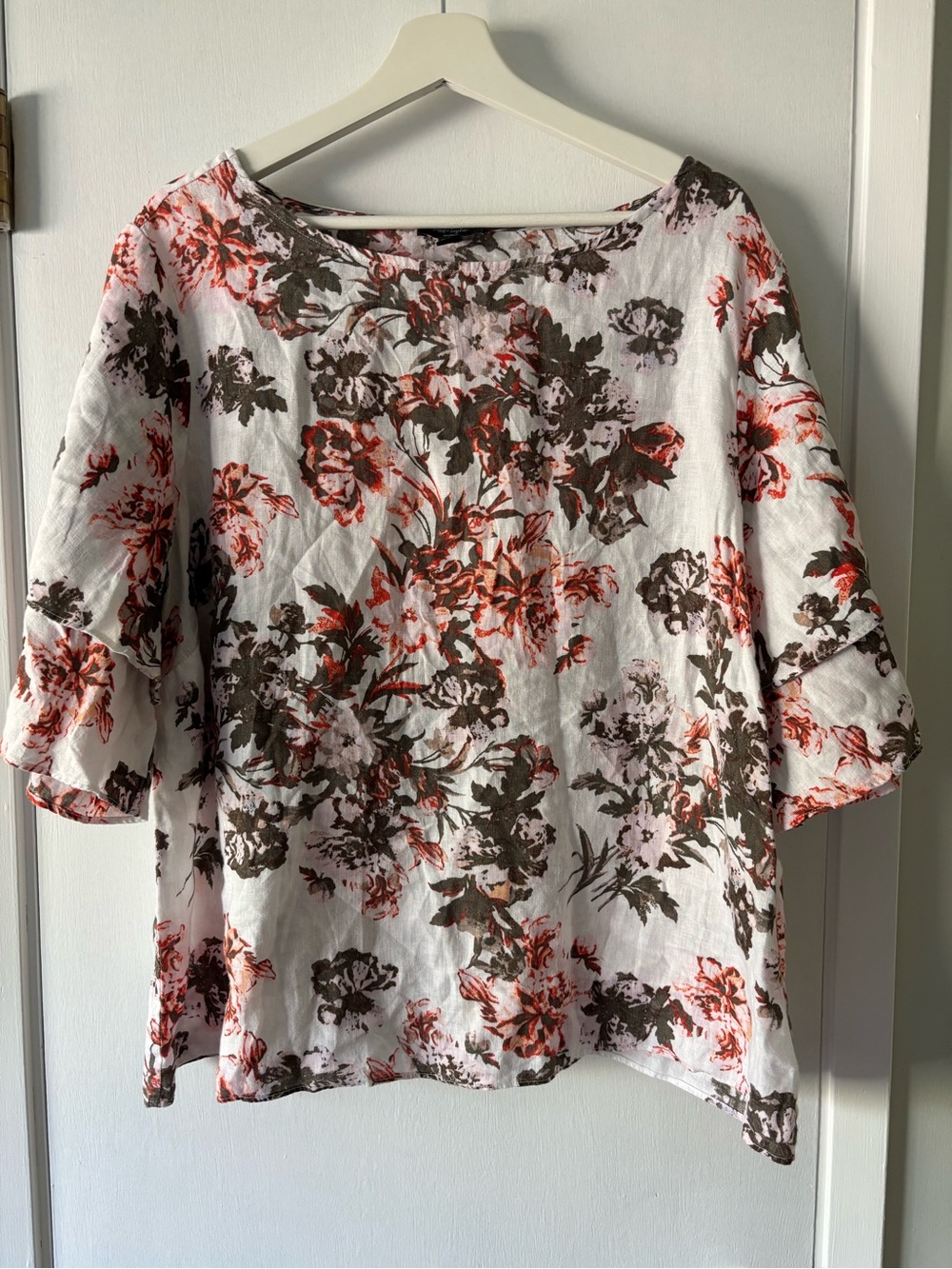Lord & Taylor Woman 100% Linen Floral Blouse 1X Double Flutter Sleeve